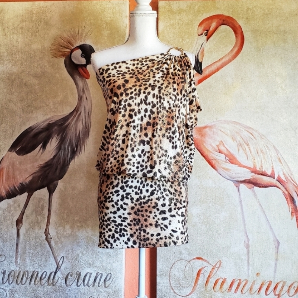 Cache Asymmetrical Sleeveless Dress Cheetah Print Mini Gold Small
